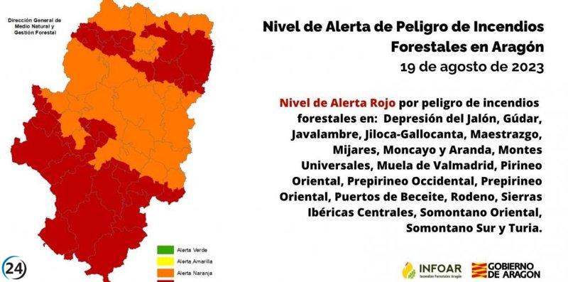 Amplio Nivel de Alerta Rojo por riesgo de incendios forestales en Teruel, Huesca y Zaragoza.
