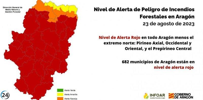 Peligro de incendios forestales en Aragón: Alerta Roja excepto en Pirineos y Prepirineo central.